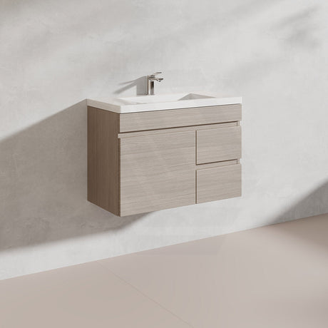 Lukka Camden Modern 750mm Narrow Wall Hung Vanity E0 MDF Wood Grain PVC Film Cabinet with Left/Right Hand Drawers Variant Colour Available