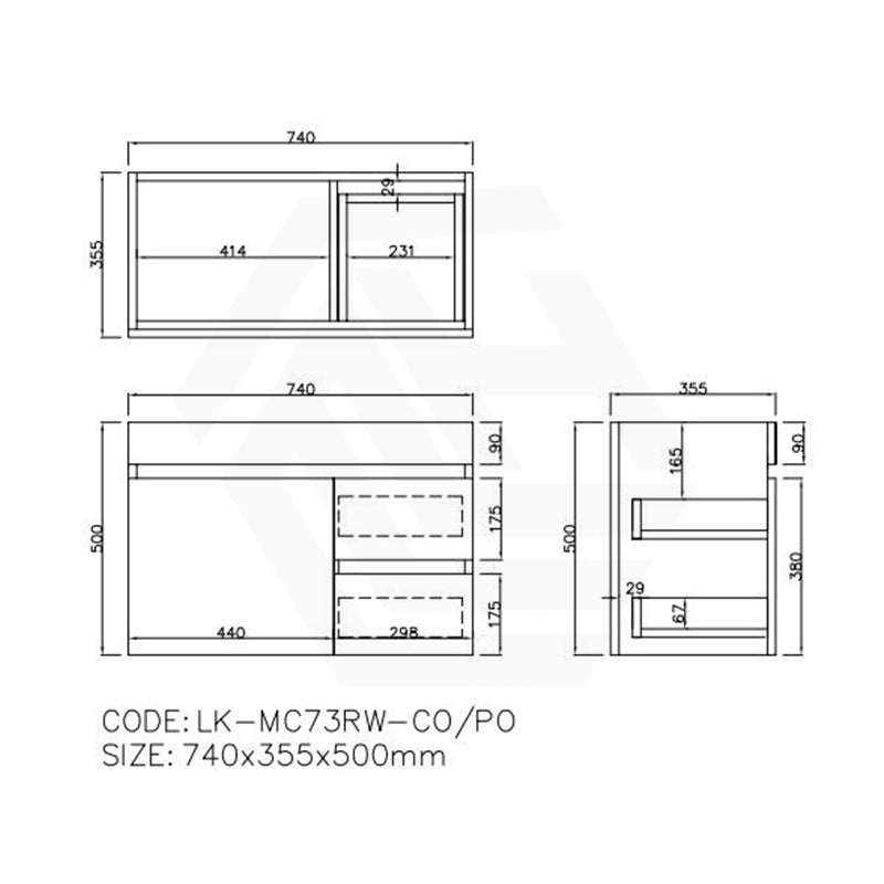 Lukka Camden Modern 750mm Narrow Wall Hung Vanity E0 MDF Wood Grain PVC Film Cabinet with Left/Right Hand Drawers Variant Colour Available