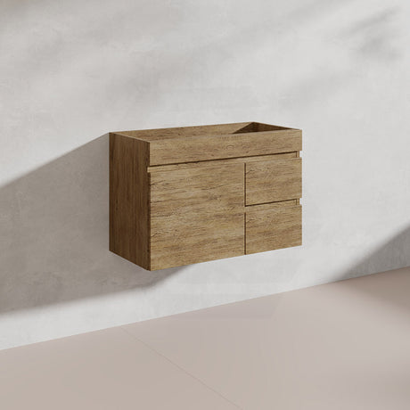 Lukka Camden Modern 750mm Narrow Wall Hung Vanity E0 MDF Wood Grain PVC Film Cabinet with Left/Right Hand Drawers Variant Colour Available