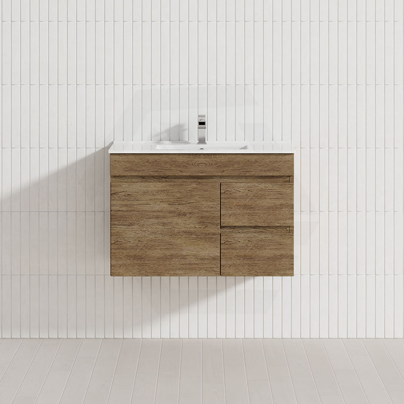 Lukka Camden Modern 750mm Narrow Wall Hung Vanity E0 MDF Wood Grain PVC Film Cabinet with Left/Right Hand Drawers Variant Colour Available