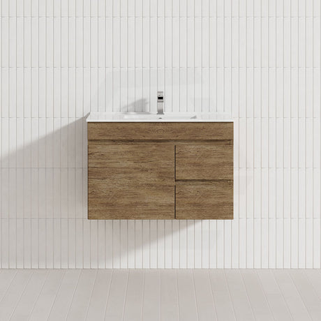 Lukka Camden Modern 750mm Narrow Wall Hung Vanity E0 MDF Wood Grain PVC Film Cabinet with Left/Right Hand Drawers Variant Colour Available