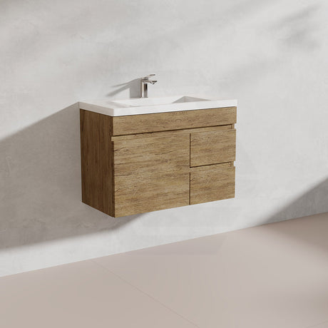 Lukka Camden Modern 750mm Narrow Wall Hung Vanity E0 MDF Wood Grain PVC Film Cabinet with Left/Right Hand Drawers Variant Colour Available