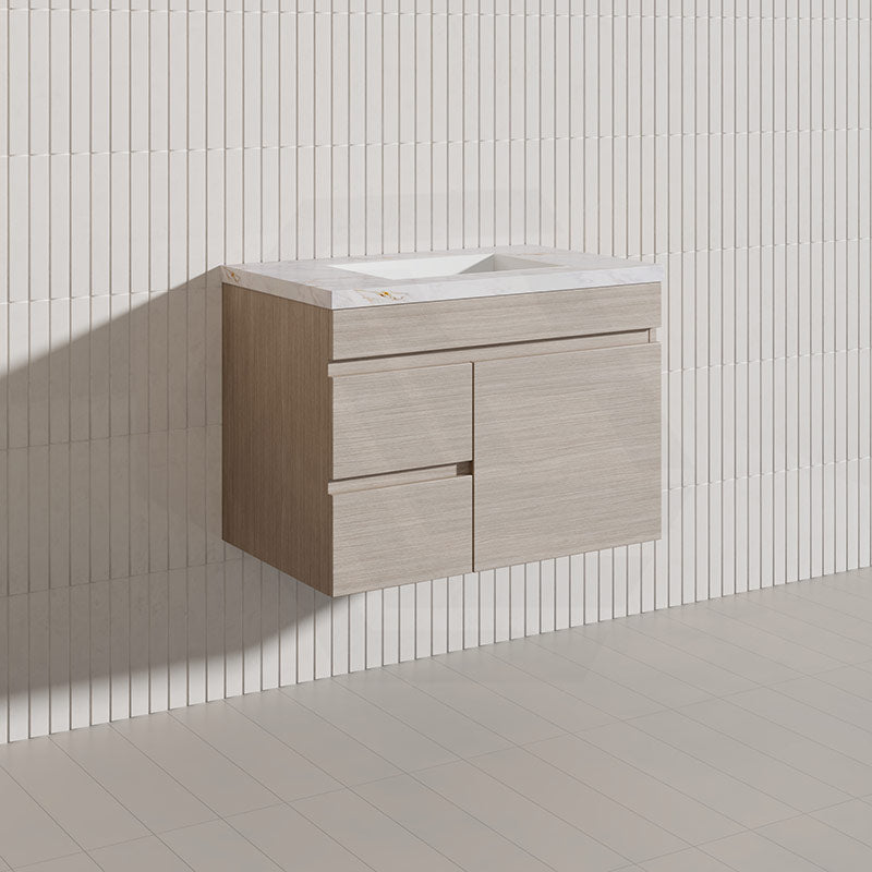 Lukka Camden Modern 750mm Wall Hung Vanity E0 MDF Wood Grain PVC Film Cabinet with Left/Right Hand Drawers In Various Colours