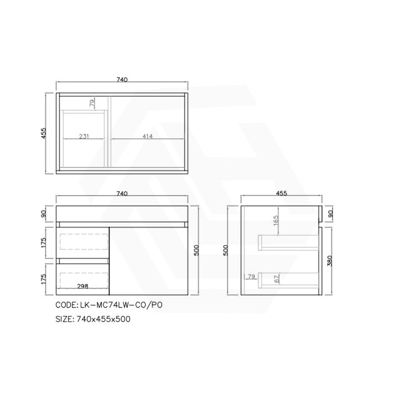 Lukka Camden Modern 750mm Wall Hung Vanity E0 MDF Wood Grain PVC Film Cabinet with Left/Right Hand Drawers In Various Colours