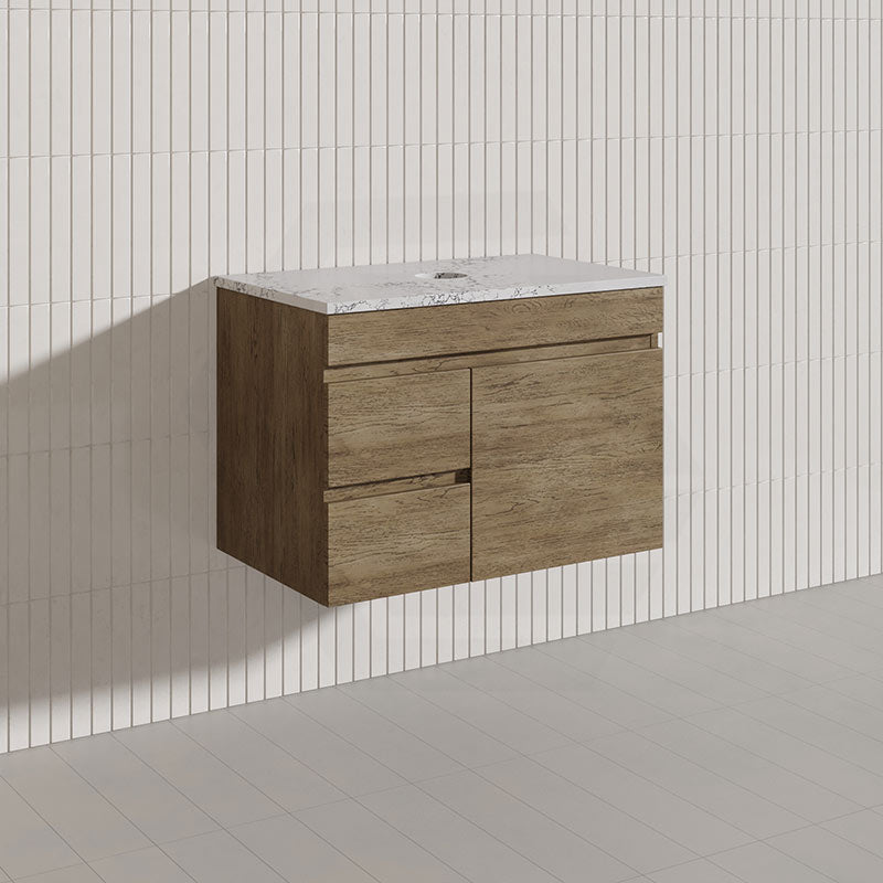 Lukka Camden Modern 750mm Wall Hung Vanity E0 MDF Wood Grain PVC Film Cabinet with Left/Right Hand Drawers In Various Colours