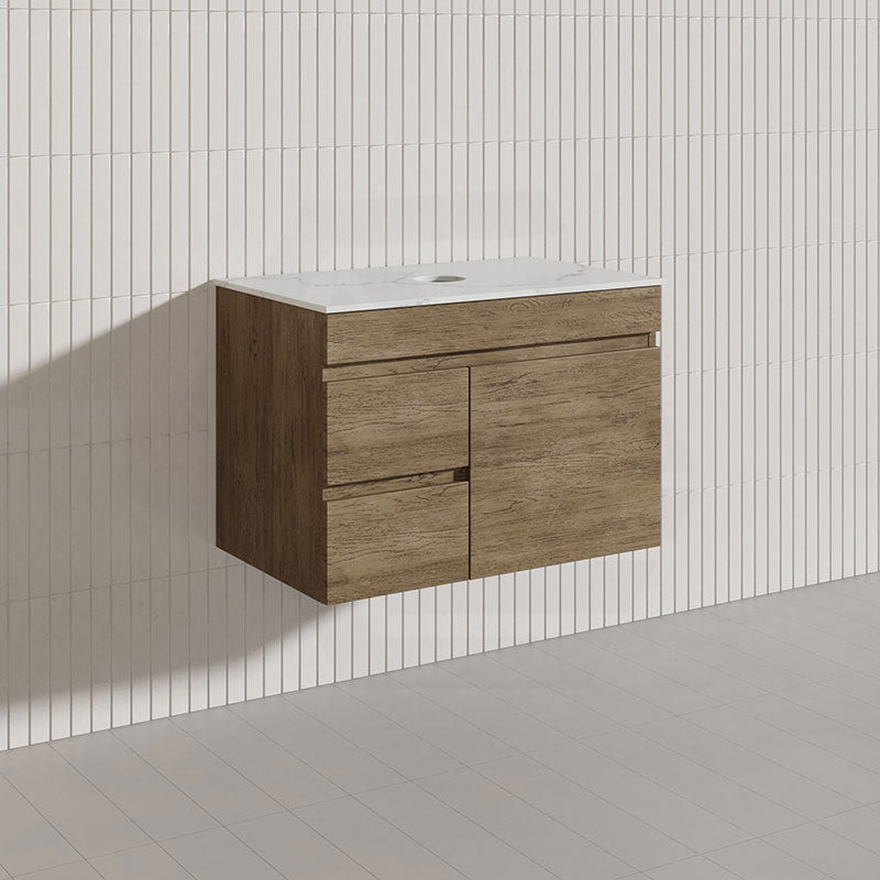 Lukka Camden Modern 750mm Wall Hung Vanity E0 MDF Wood Grain PVC Film Cabinet with Left/Right Hand Drawers In Various Colours
