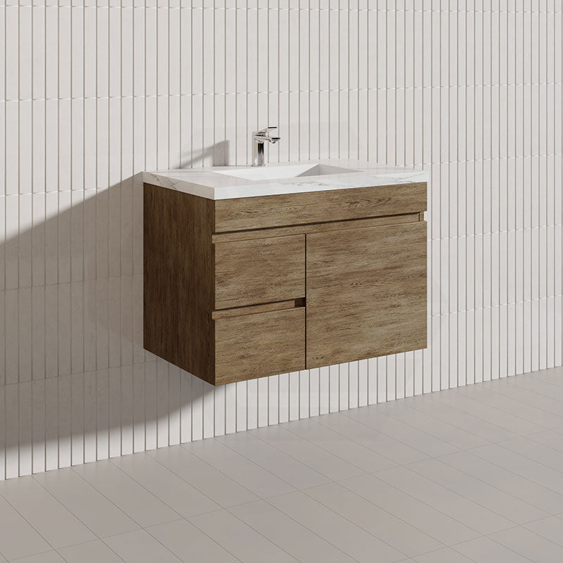 Lukka Camden Modern 750mm Wall Hung Vanity E0 MDF Wood Grain PVC Film Cabinet with Left/Right Hand Drawers In Various Colours