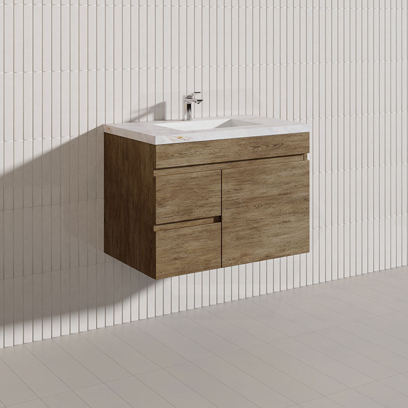 Lukka Camden Modern 750mm Wall Hung Vanity E0 MDF Wood Grain PVC Film Cabinet with Left/Right Hand Drawers In Various Colours