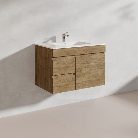 Lukka Camden Modern 750mm Wall Hung Vanity E0 MDF Wood Grain PVC Film Cabinet with Left/Right Hand Drawers In Various Colours