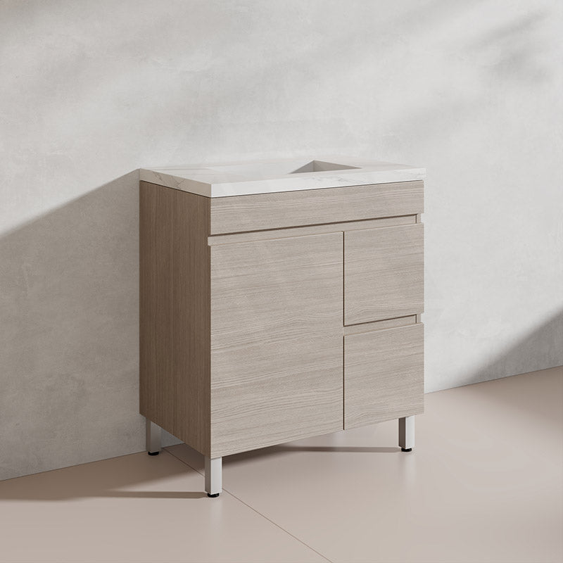 Lukka Camden Modern 750mm Freestanding Vanity E0 MDF Wood Grain PVC Film Cabinet with Left/Right Hand Drawers In Various Colours