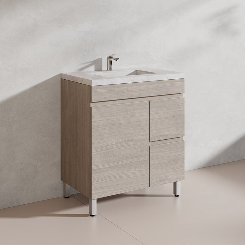 Lukka Camden Modern 750mm Freestanding Vanity E0 MDF Wood Grain PVC Film Cabinet with Left/Right Hand Drawers In Various Colours