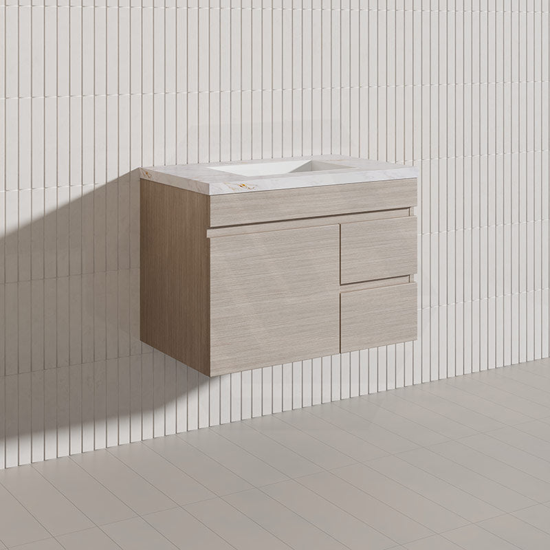 Lukka Camden Modern 750mm Wall Hung Vanity E0 MDF Wood Grain PVC Film Cabinet with Left/Right Hand Drawers In Various Colours