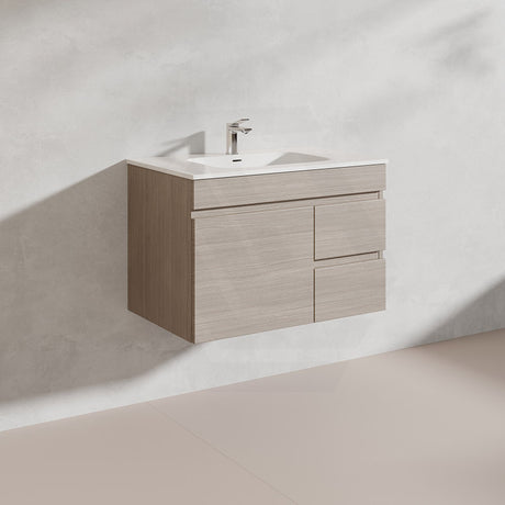 Lukka Camden Modern 750mm Wall Hung Vanity E0 MDF Wood Grain PVC Film Cabinet with Left/Right Hand Drawers In Various Colours