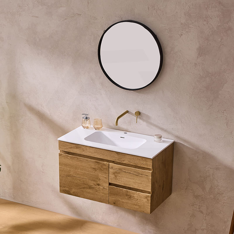 Lukka Camden Modern 750mm Wall Hung Vanity E0 MDF Wood Grain PVC Film Cabinet with Left/Right Hand Drawers In Various Colours