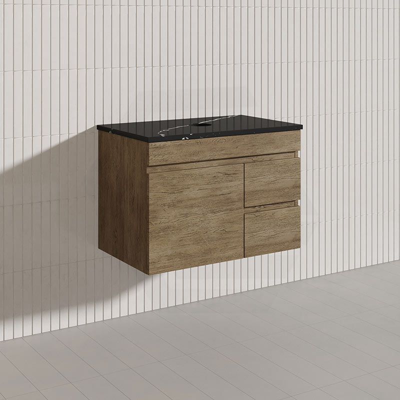 Lukka Camden Modern 750mm Wall Hung Vanity E0 MDF Wood Grain PVC Film Cabinet with Left/Right Hand Drawers In Various Colours