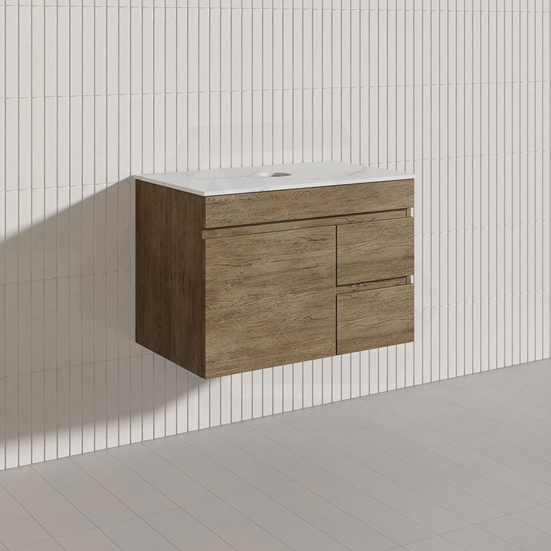 Lukka Camden Modern 750mm Wall Hung Vanity E0 MDF Wood Grain PVC Film Cabinet with Left/Right Hand Drawers In Various Colours
