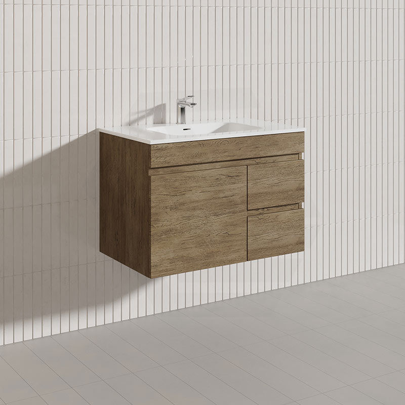 Lukka Camden Modern 750mm Wall Hung Vanity E0 MDF Wood Grain PVC Film Cabinet with Left/Right Hand Drawers In Various Colours