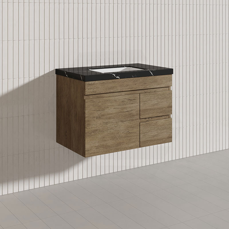 Lukka Camden Modern 750mm Wall Hung Vanity E0 MDF Wood Grain PVC Film Cabinet with Left/Right Hand Drawers In Various Colours