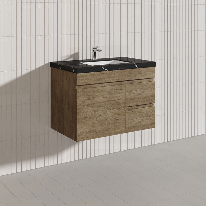 Lukka Camden Modern 750mm Wall Hung Vanity E0 MDF Wood Grain PVC Film Cabinet with Left/Right Hand Drawers In Various Colours