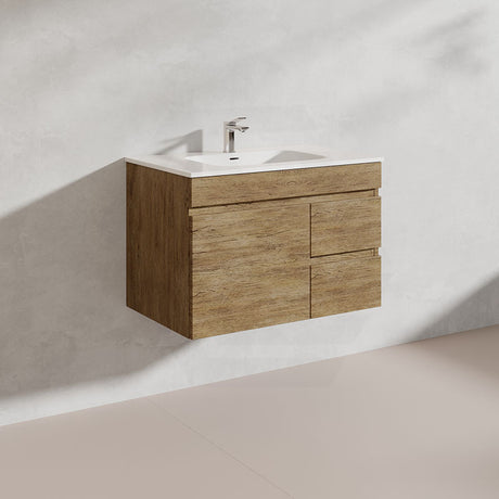 Lukka Camden Modern 750mm Wall Hung Vanity E0 MDF Wood Grain PVC Film Cabinet with Left/Right Hand Drawers In Various Colours