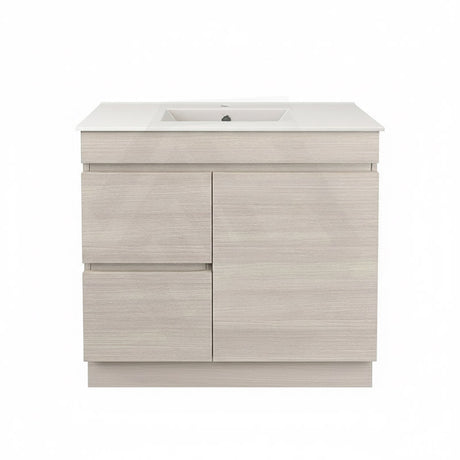 Lukka Camden Modern 900mm Narrow Freestanding Vanity E0 MDF Wood Grain PVC Film Cabinet with Left/Right Hand Drawers In Various Colours