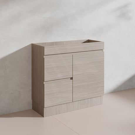 Lukka Camden Modern 900mm Narrow Freestanding Vanity E0 MDF Wood Grain PVC Film Cabinet with Left/Right Hand Drawers In Various Colours