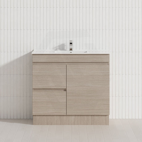 Lukka Camden Modern 900mm Narrow Freestanding Vanity E0 MDF Wood Grain PVC Film Cabinet with Left/Right Hand Drawers In Various Colours