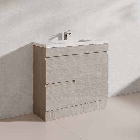 Lukka Camden Modern 900mm Narrow Freestanding Vanity E0 MDF Wood Grain PVC Film Cabinet with Left/Right Hand Drawers In Various Colours