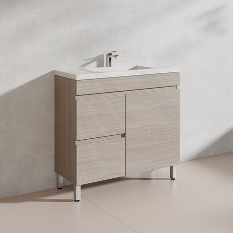 Lukka Camden Modern 900mm Narrow Freestanding Vanity E0 MDF Wood Grain PVC Film Cabinet with Left/Right Hand Drawers In Various Colours