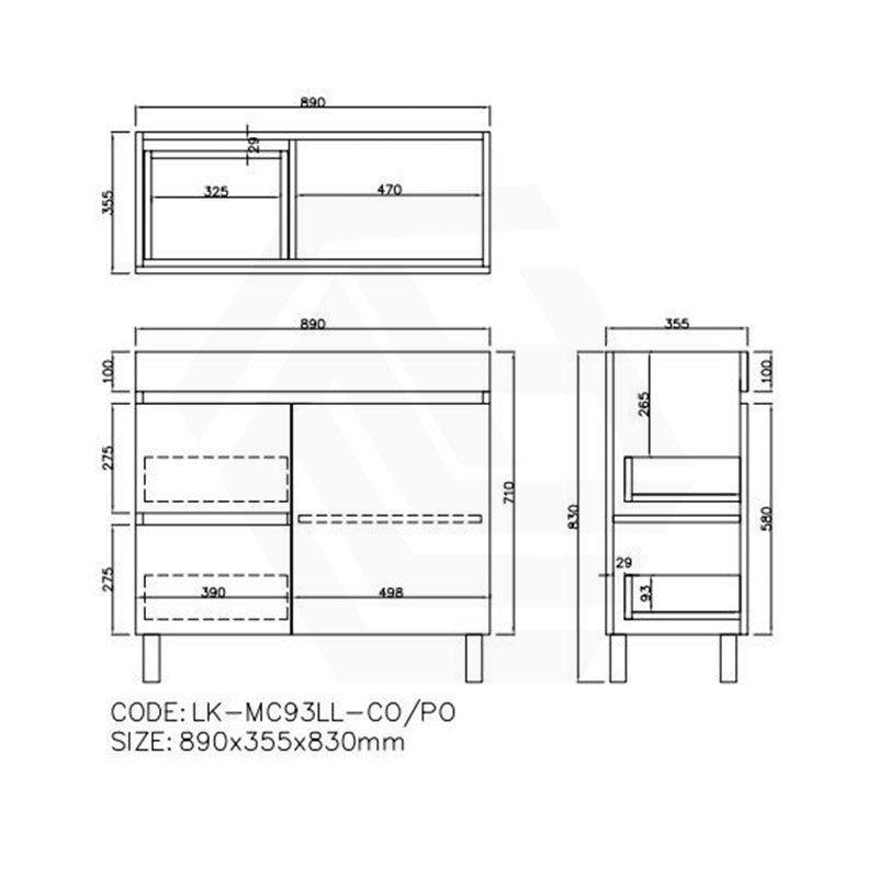 Lukka Camden Modern 900mm Narrow Freestanding Vanity E0 MDF Wood Grain PVC Film Cabinet with Left/Right Hand Drawers In Various Colours
