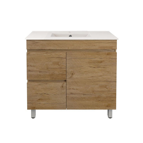Lukka Camden Modern 900mm Narrow Freestanding Vanity E0 MDF Wood Grain PVC Film Cabinet with Left/Right Hand Drawers In Various Colours