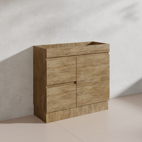 Lukka Camden Modern 900mm Narrow Freestanding Vanity E0 MDF Wood Grain PVC Film Cabinet with Left/Right Hand Drawers In Various Colours