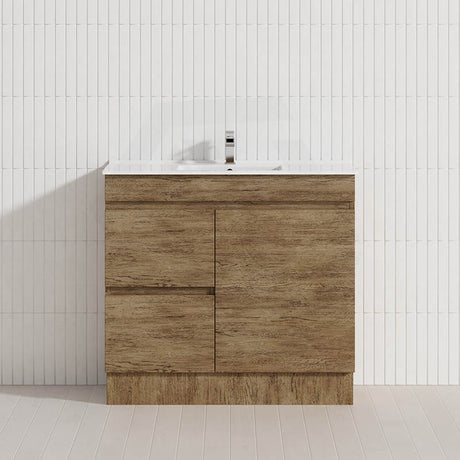 Lukka Camden Modern 900mm Narrow Freestanding Vanity E0 MDF Wood Grain PVC Film Cabinet with Left/Right Hand Drawers In Various Colours