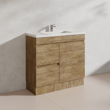 Lukka Camden Modern 900mm Narrow Freestanding Vanity E0 MDF Wood Grain PVC Film Cabinet with Left/Right Hand Drawers In Various Colours