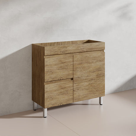Lukka Camden Modern 900mm Narrow Freestanding Vanity E0 MDF Wood Grain PVC Film Cabinet with Left/Right Hand Drawers In Various Colours