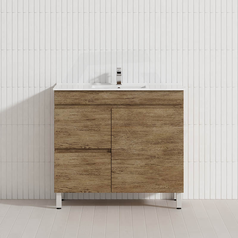 Lukka Camden Modern 900mm Narrow Freestanding Vanity E0 MDF Wood Grain PVC Film Cabinet with Left/Right Hand Drawers In Various Colours