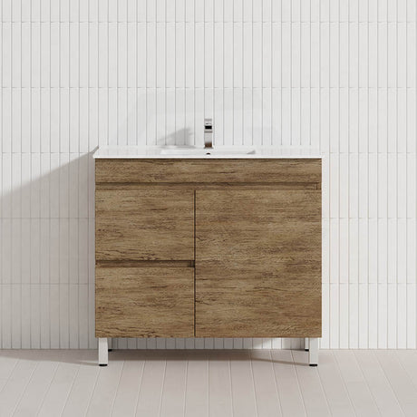 Lukka Camden Modern 900mm Narrow Freestanding Vanity E0 MDF Wood Grain PVC Film Cabinet with Left/Right Hand Drawers In Various Colours