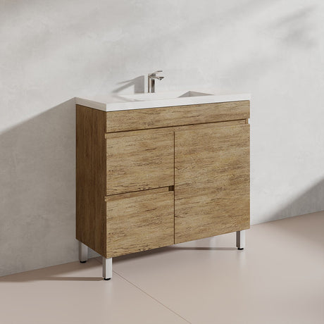 Lukka Camden Modern 900mm Narrow Freestanding Vanity E0 MDF Wood Grain PVC Film Cabinet with Left/Right Hand Drawers In Various Colours
