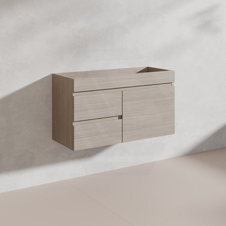 Lukka Camden Modern 900mm Narrow Wall Hung Vanity E0 MDF Wood Grain PVC Film Cabinet with Left/Right Hand Drawers Variant Colour Available