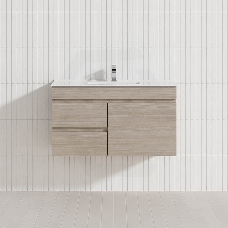 Lukka Camden Modern 900mm Narrow Wall Hung Vanity E0 MDF Wood Grain PVC Film Cabinet with Left/Right Hand Drawers Variant Colour Available