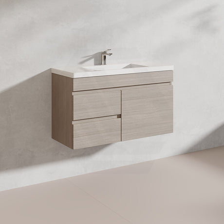 Lukka Camden Modern 900mm Narrow Wall Hung Vanity E0 MDF Wood Grain PVC Film Cabinet with Left/Right Hand Drawers Variant Colour Available