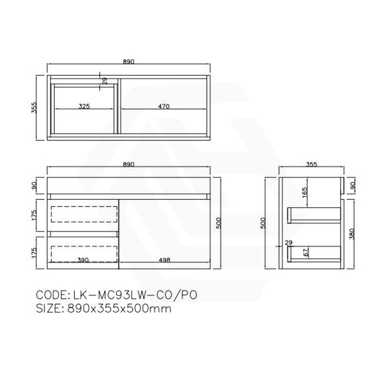 Lukka Camden Modern 900mm Narrow Wall Hung Vanity E0 MDF Wood Grain PVC Film Cabinet with Left/Right Hand Drawers Variant Colour Available