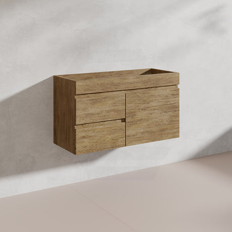 Lukka Camden Modern 900mm Narrow Wall Hung Vanity E0 MDF Wood Grain PVC Film Cabinet with Left/Right Hand Drawers Variant Colour Available