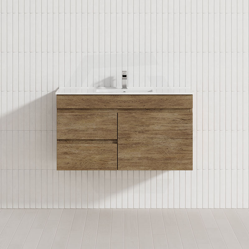 Lukka Camden Modern 900mm Narrow Wall Hung Vanity E0 MDF Wood Grain PVC Film Cabinet with Left/Right Hand Drawers Variant Colour Available