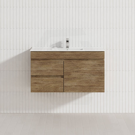 Lukka Camden Modern 900mm Narrow Wall Hung Vanity E0 MDF Wood Grain PVC Film Cabinet with Left/Right Hand Drawers Variant Colour Available