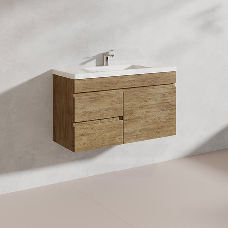 Lukka Camden Modern 900mm Narrow Wall Hung Vanity E0 MDF Wood Grain PVC Film Cabinet with Left/Right Hand Drawers Variant Colour Available