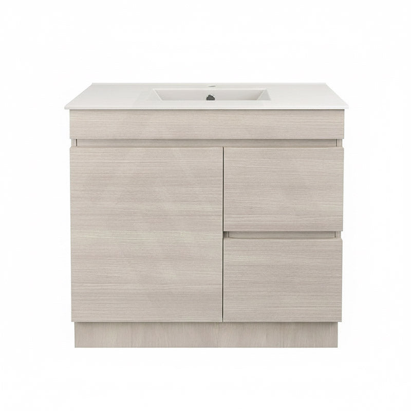 Lukka Camden Modern 900mm Narrow Freestanding Vanity E0 MDF Wood Grain PVC Film Cabinet with Left/Right Hand Drawers In Various Colours