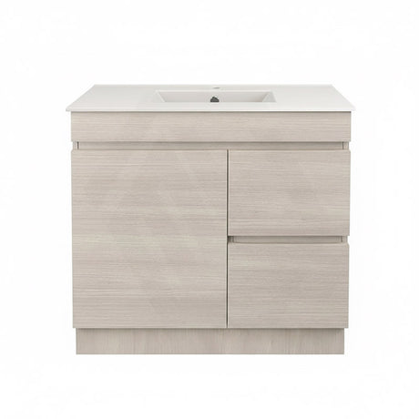 Lukka Camden Modern 900mm Narrow Freestanding Vanity E0 MDF Wood Grain PVC Film Cabinet with Left/Right Hand Drawers In Various Colours