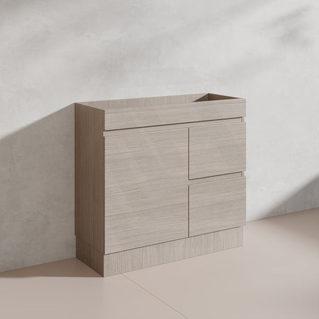 Lukka Camden Modern 900mm Narrow Freestanding Vanity E0 MDF Wood Grain PVC Film Cabinet with Left/Right Hand Drawers In Various Colours