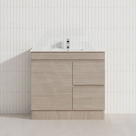Lukka Camden Modern 900mm Narrow Freestanding Vanity E0 MDF Wood Grain PVC Film Cabinet with Left/Right Hand Drawers In Various Colours
